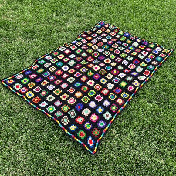Handmade Crochet Afghan Granny Square Blanket Black Rainbow Edge Retro Boho Thro - Picture 10 of 13
